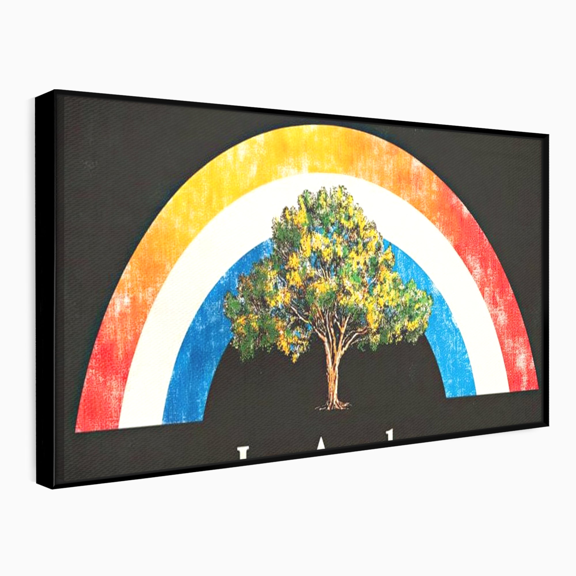 Tablou canvas cu tablou canvas cu curcubeu si copac, in rama de aluminiu negru